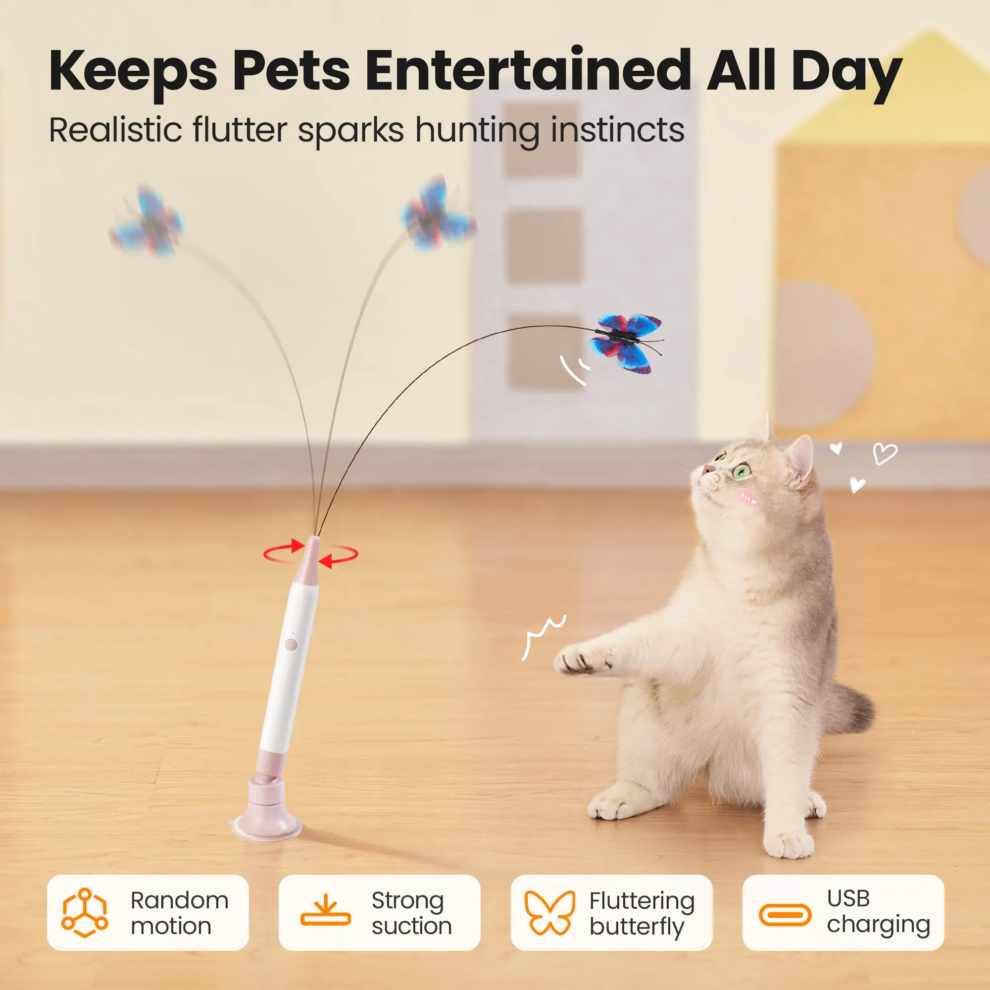 Interactive Butterfly Cat Wand Toy with USB Rechargeable Spinner