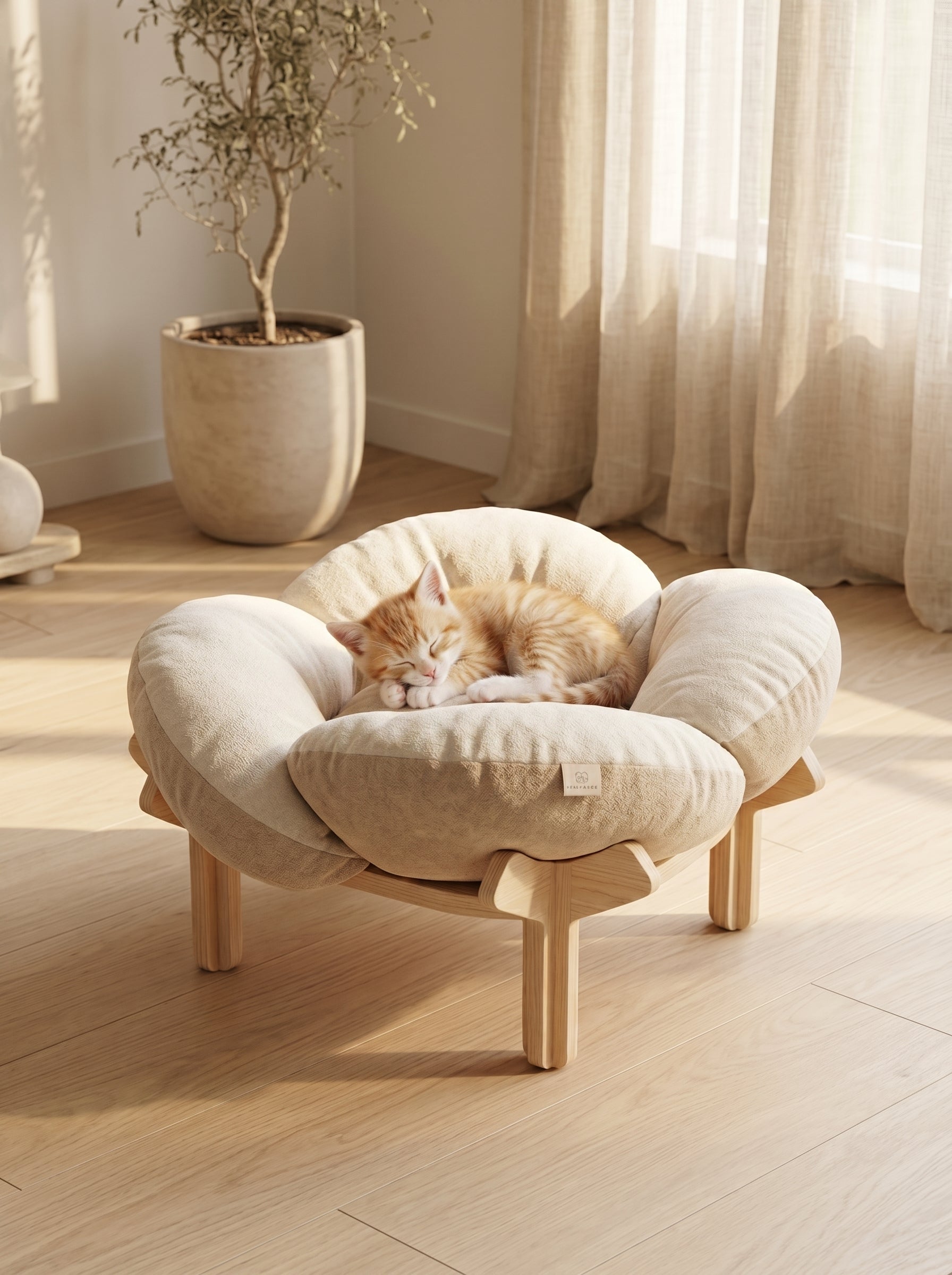 Plush Flower Cat Bed with Wooden Base