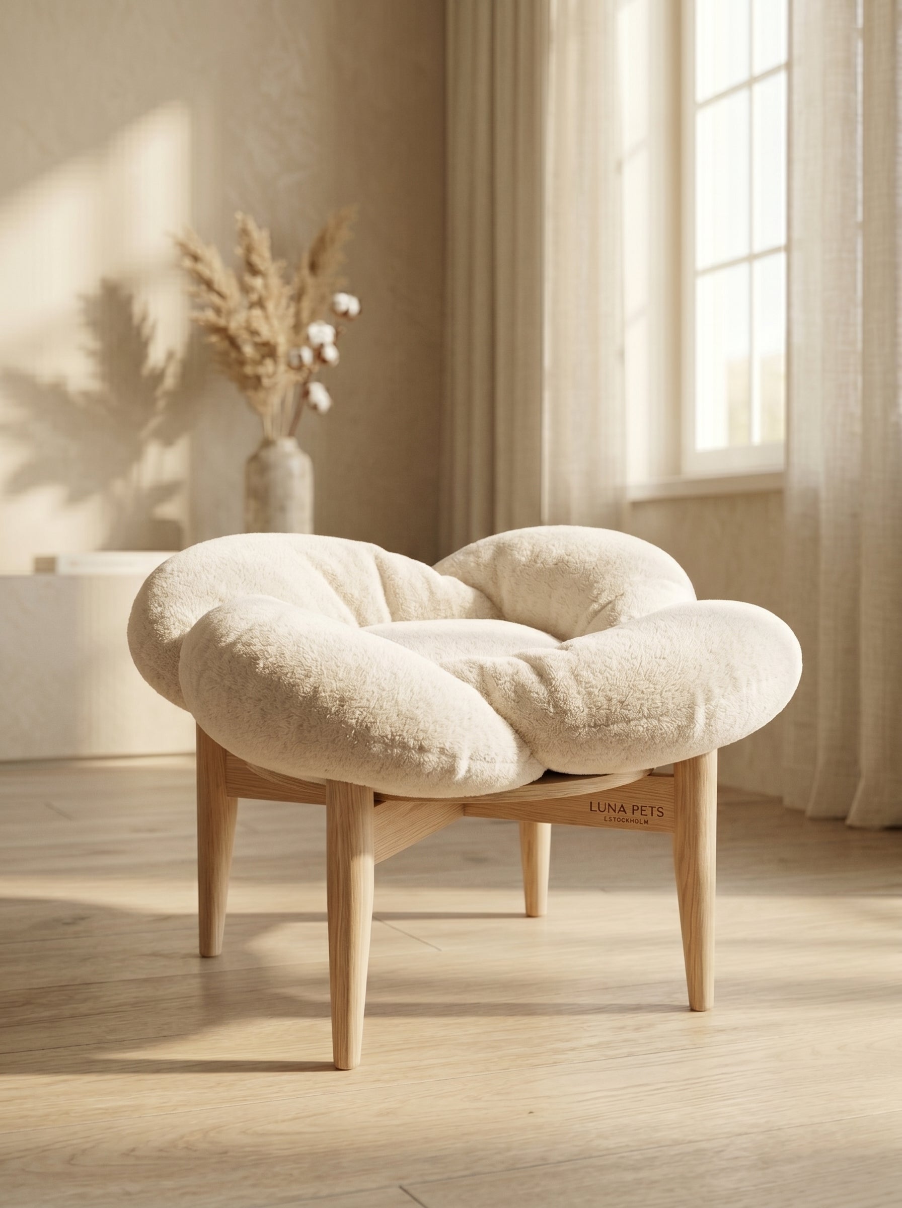 Plush Flower Cat Bed with Wooden Base