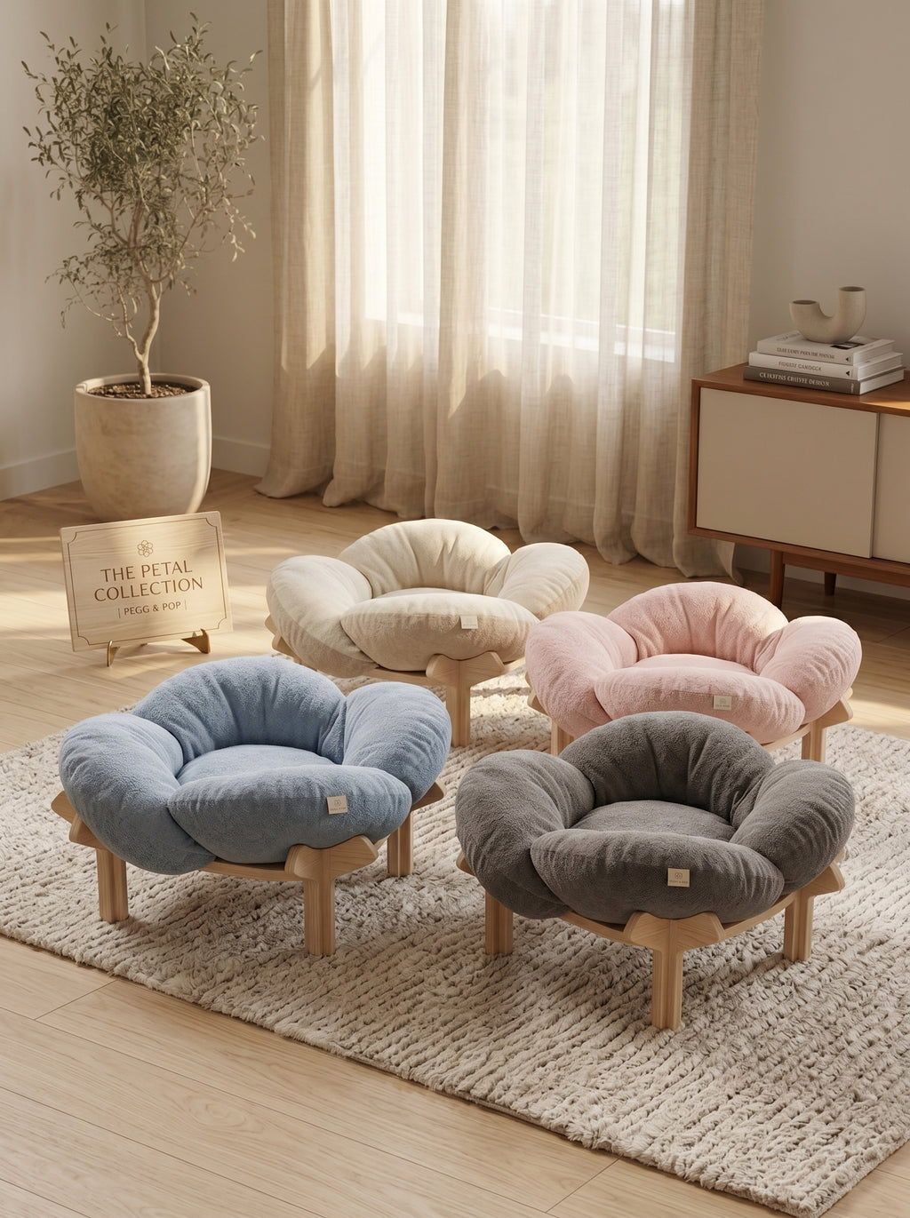 Plush Flower Cat Bed with Wooden Base