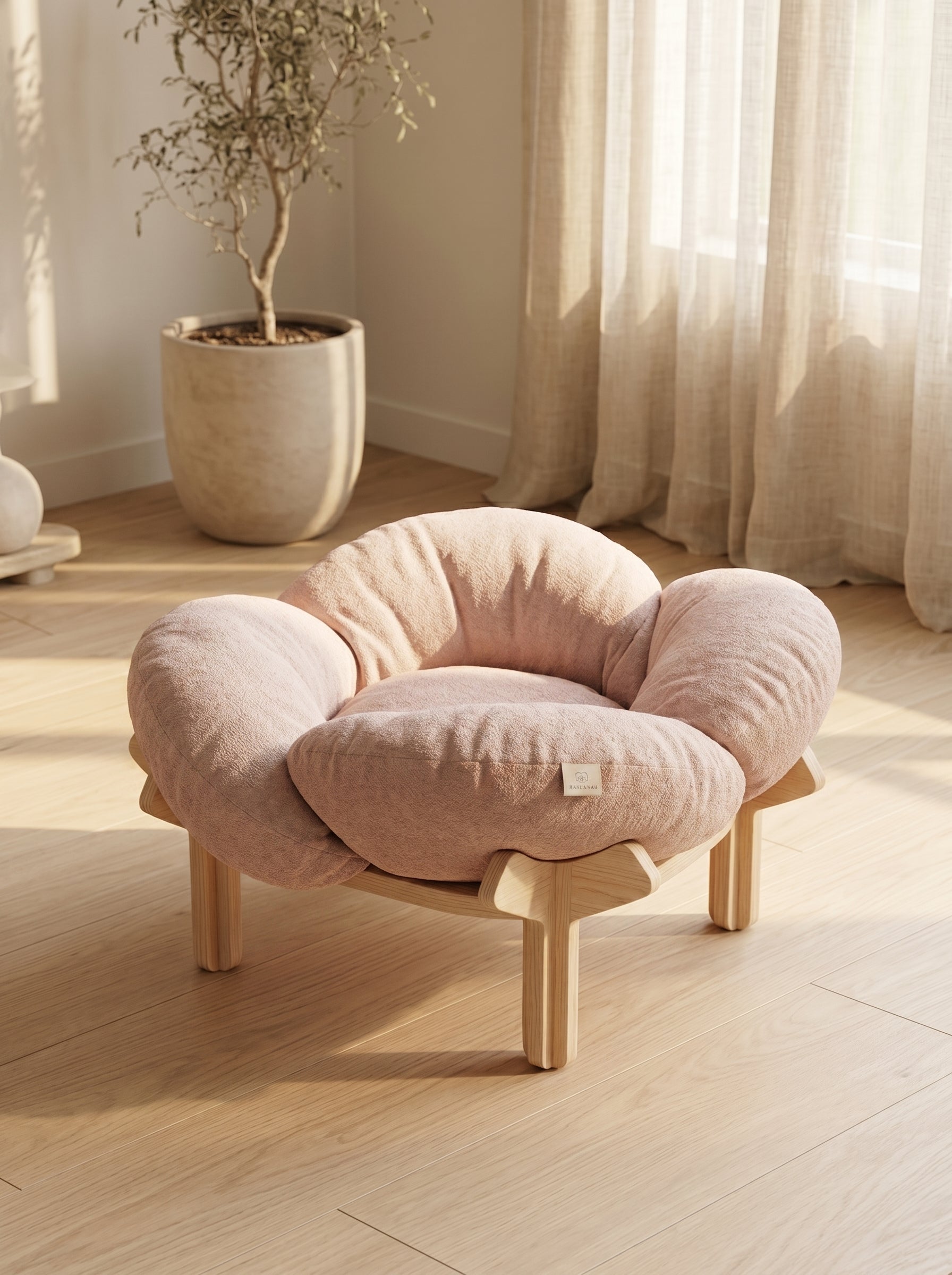 Plush Flower Cat Bed with Wooden Base