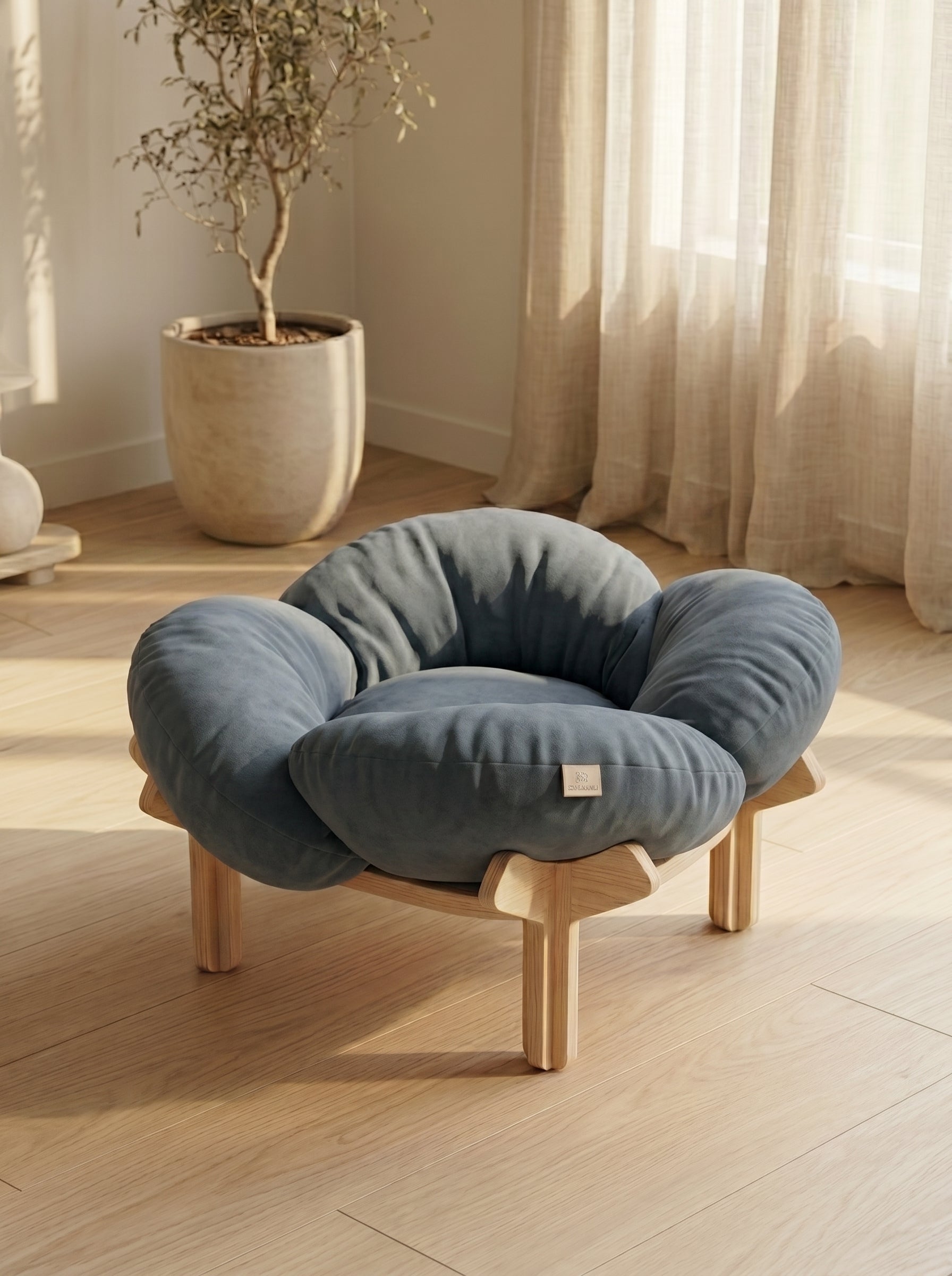 Plush Flower Cat Bed with Wooden Base